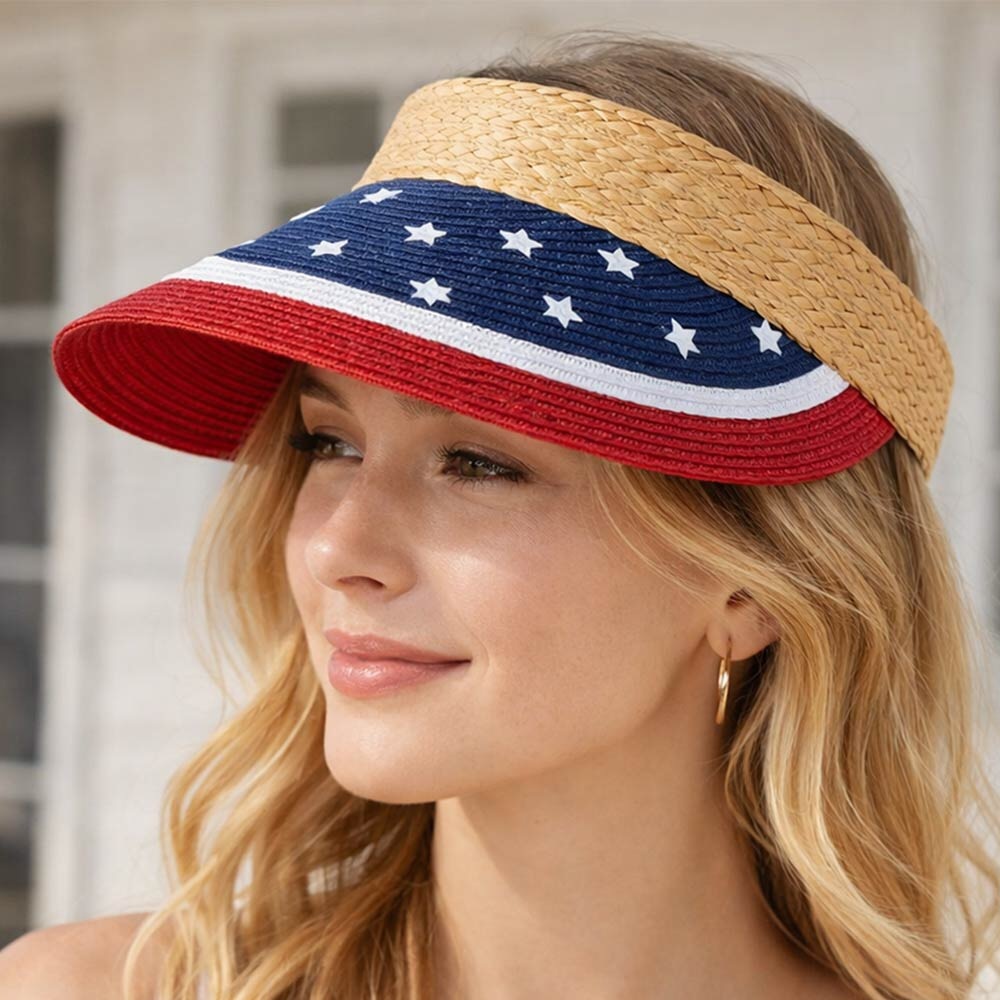 American USA Flag Straw Woven Adjustable Sun Visor Hat - Red, White & Blue